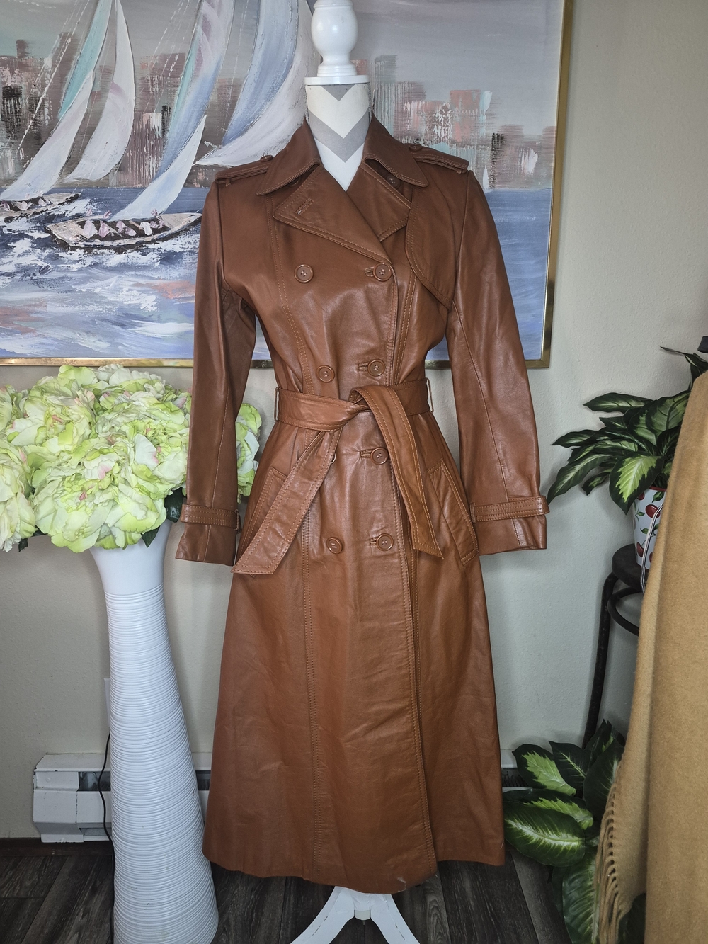 Vintage Lady Gambrell Brown Leather Double-Breasted Trench Coat with Belt